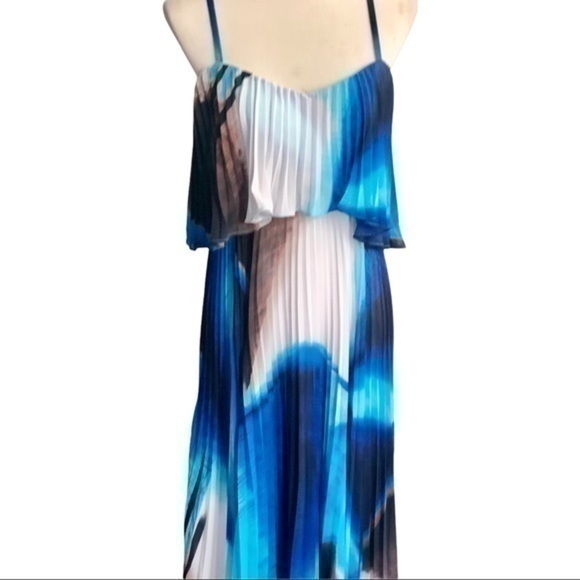 J S Collections Blue and White Pleated Maxi Dress - Picture 1 of 11